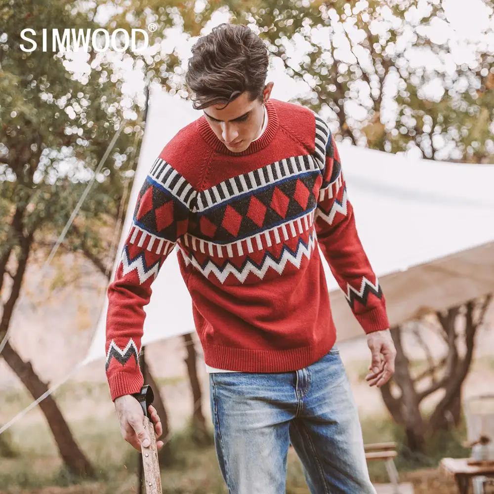 

SIMWOOD 2022 Autumn New Intarsia Wool-Blend Sweater Men Fair Isle Knit Wear Christmas geometric Argyle Color Pullovers Sweaters