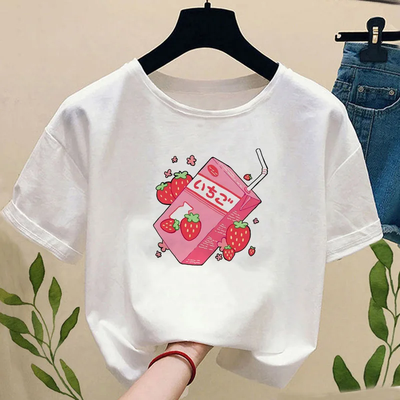 Summer Women's T-shirt Japanese strawberry milk drink short-sleeved Harajuku Kawaii graphic T-shirt Camisetas Mujer top Female 
Summer Women's T-shirt Japanese strawberry milk drink short-sleeved Harajuku Kawaii graphic T-shirt Camisetas Mujer top Female