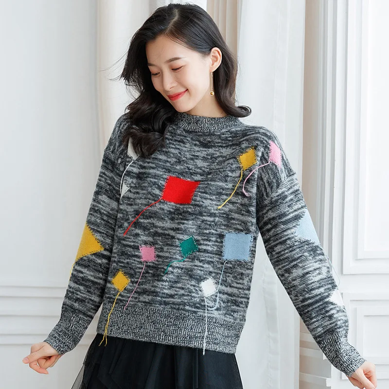 

Женский кашемировый свитер, пуловер с длинным рукавом размера плюс, свободный женский серый цветочный трикотаж, Осень-зима 2020, бесплатная д...