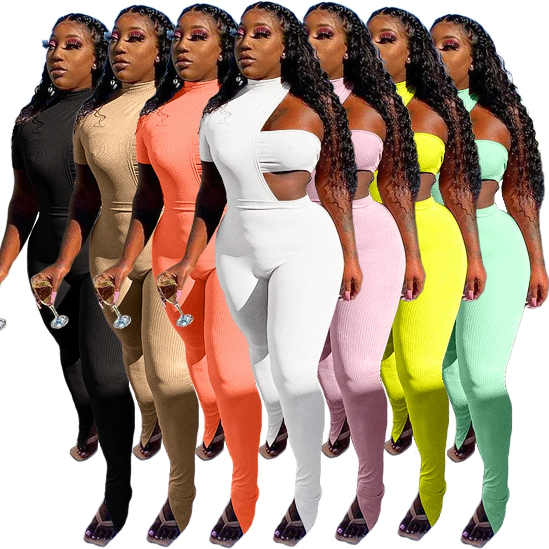 GL6337 Hot Style Asymmetrical Knit Ribbed Chest Wrap One Shoulder Jumpsuit Top and Slit Pants 3 Piece Set for Women
GL6337 Hot Style Asymmetrical Knit Ribbed Chest Wrap One Shoulder Jumpsuit Top and Slit Pants 3 Piece Set for Women