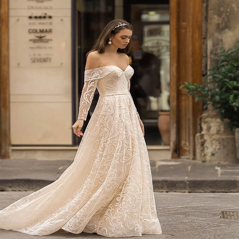 Weddding Dresses Tulle A Line Boat Neck Off Shoulder Appliqued Lace Elegant Long Dresses Backless 3/4 Sleeves 2020 Bridal Gowns
Weddding Dresses Tulle A Line Boat Neck Off Shoulder Appliqued Lace Elegant Long Dresses Backless 3/4 Sleeves 2020 Bridal Gowns