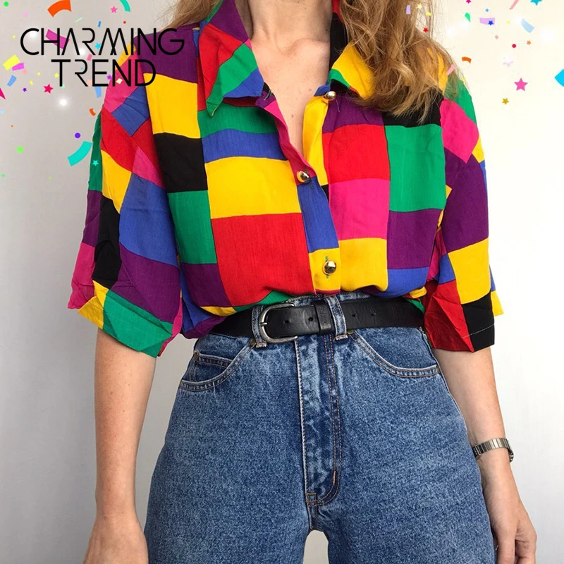 

Womens Blouse Top Geometric patterns Colorful Harajuku Preppy Young Girls Vintage Shirt Streewear Summer Women Loose Clothes