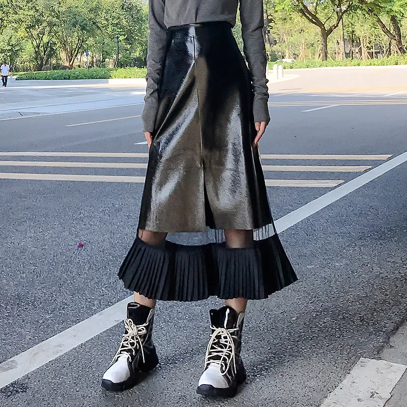 Leather Skirt Women's 2021 Early Autumn New Korean-Style Mid-Length Pleated Skirt Machine Stitching Perspective Mesh Skirt
Leather Skirt Women's 2021 Early Autumn New Korean-Style Mid-Length Pleated Skirt Machine Stitching Perspective Mesh Skirt