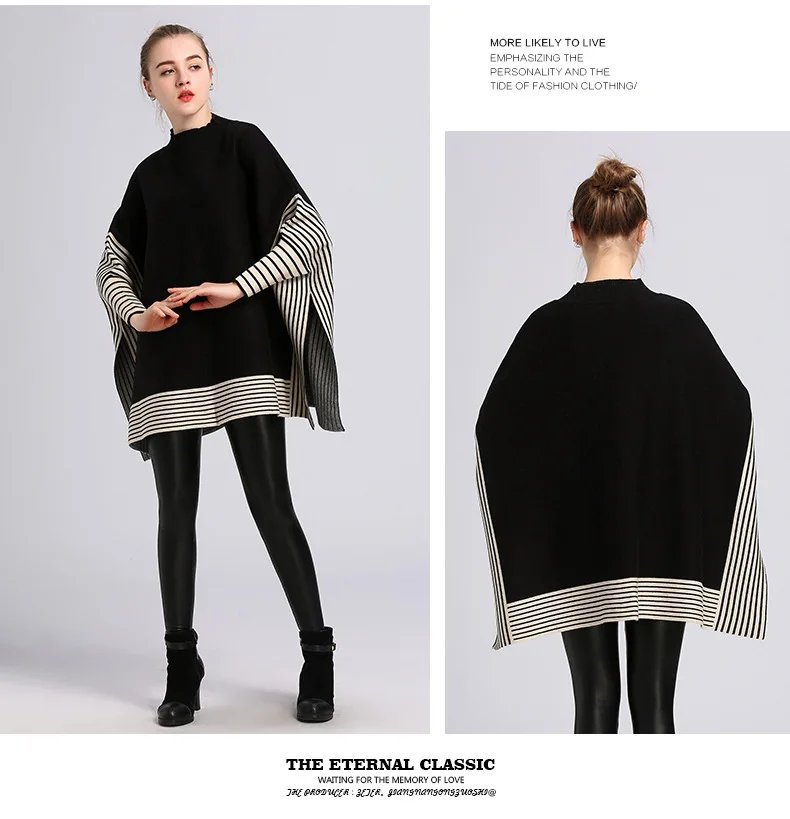 

FOLOBE Women Ponchos And Capes Sweaters Spring Casual Pullover Shawl Female Black Batwing Sleeve Stripes Loose Poncho Cloak