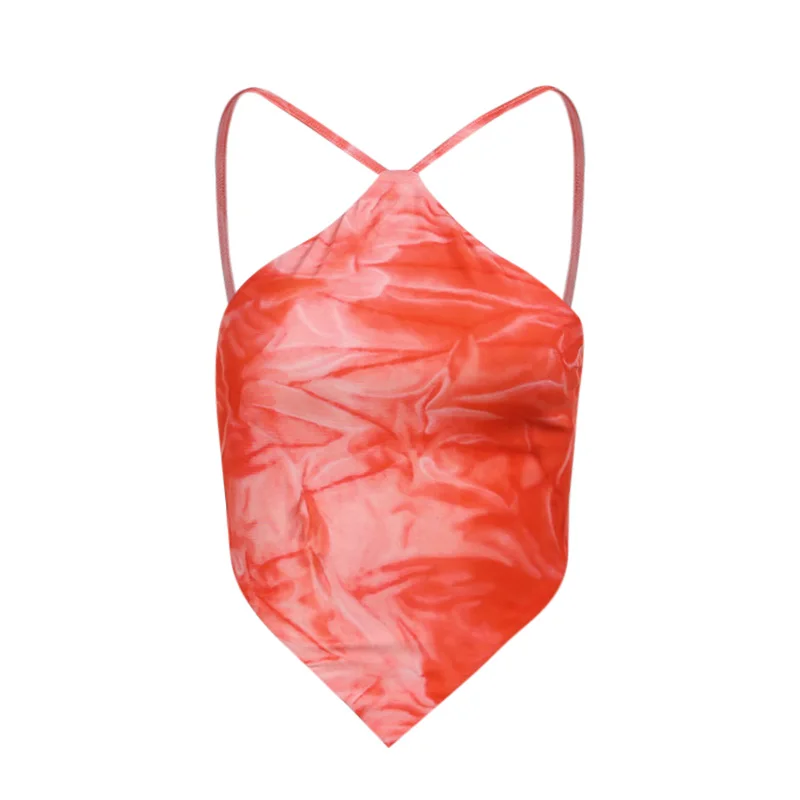 

InstaHot Sexy Halter Backless Asymmetric Camis Summer Bandage Crop Top Casual Streetwear Tie Dye Party Club Lady Camisole 2021