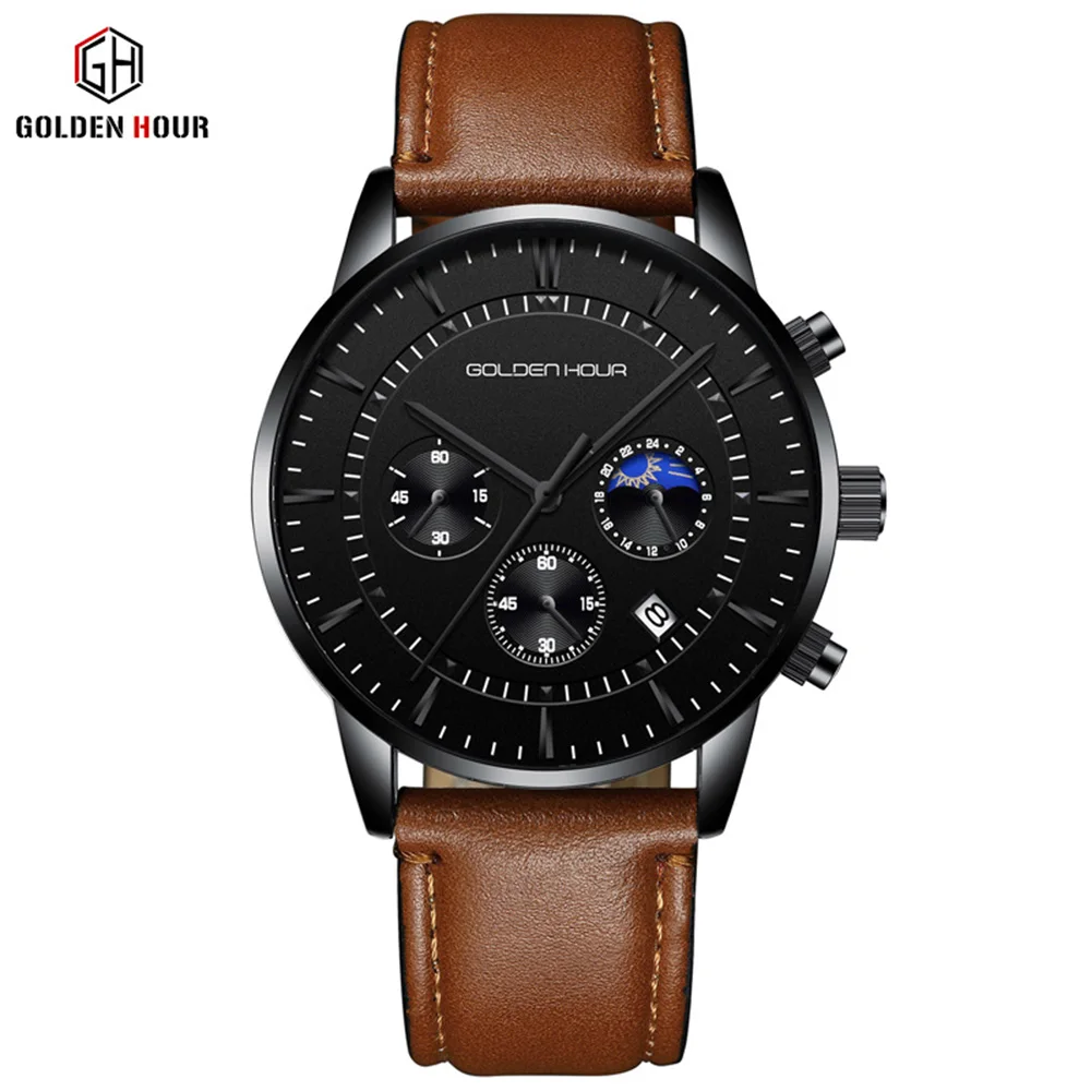 

Mens Watches Quartz Water Resistant Relogio Masculino Leather Belt Date Analog Luxury Wrist Watch Men Sport GOLDENHOUR Big Brand