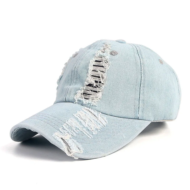 

Washed Denim Cotton Baseball Cap With Hole Hat Adjustable Snapback Hat Outdoor Travel Sun Visor Fashion Cap Summer New Jean Spor