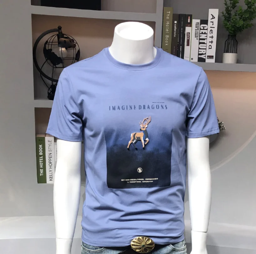 Summer new young men's short-sleeved t-shirt fawn toothpaste embroidery craft round neck slim fit inner half Model 6155
Summer new young men's short-sleeved t-shirt fawn toothpaste embroidery craft round neck slim fit inner half Model 6155