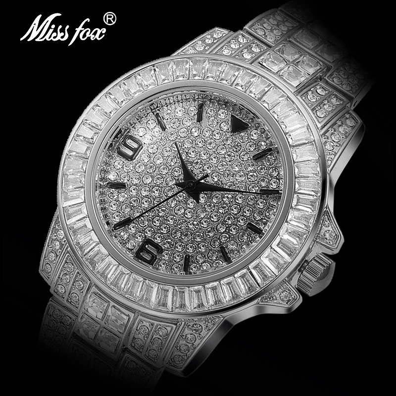 Dropshipping MISSFOX Iced Out Luxury Wristwatch Baguette Diamond Watch Silver Hip Hop Classy Quartz Men With Gifts Box | Наручные часы