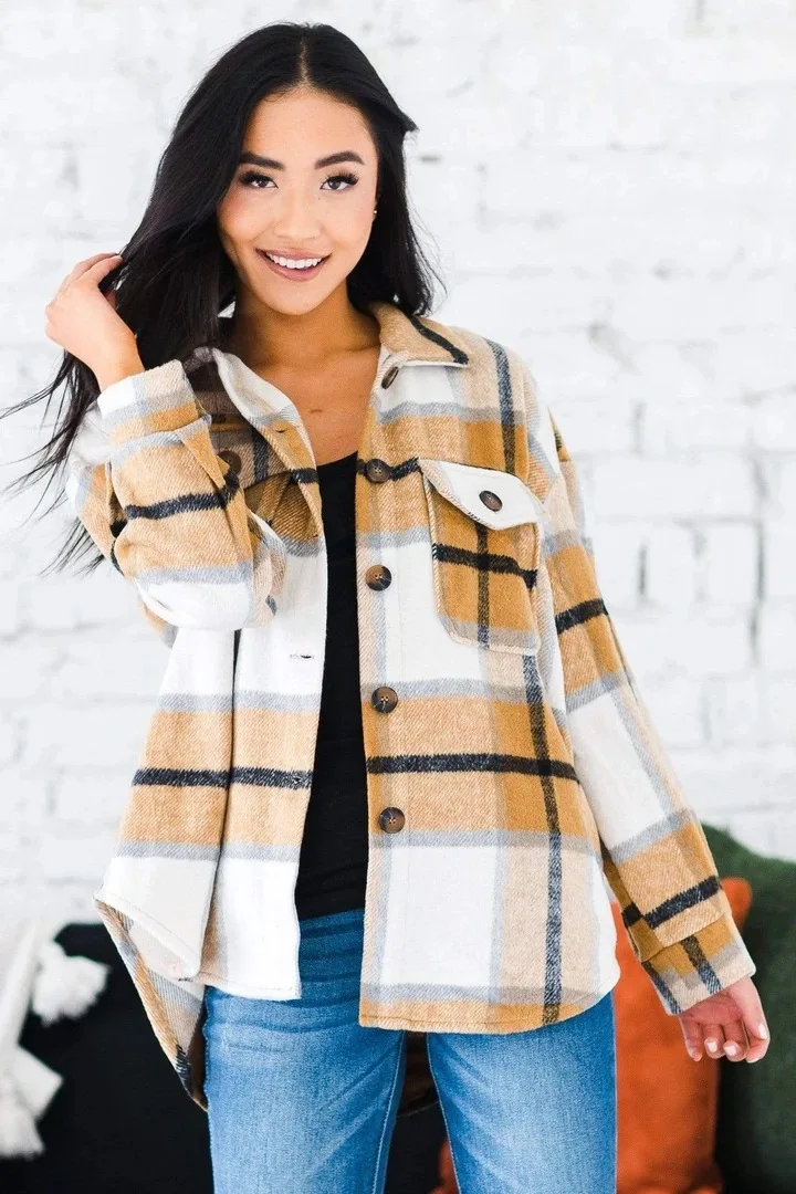Women Button-down Shirt, Adults Color Block Long Sleeve Lapel Plaid Outerwear with Pockets
Women Button-down Shirt, Adults Color Block Long Sleeve Lapel Plaid Outerwear with Pockets