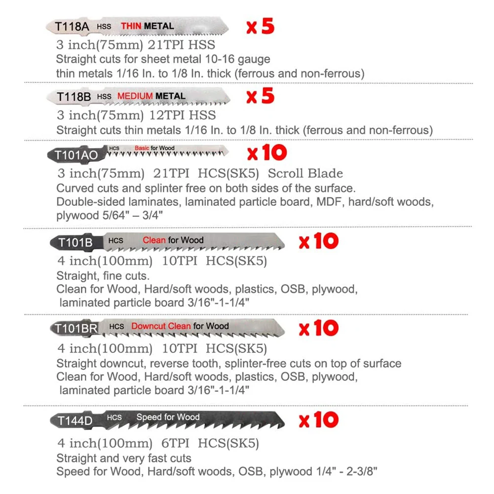

50Pc Various T-Handle Jigsaw Saw Blades Suitable For Wood,Plastic ,Metal Cutting Suitable For Most Major Brands Of JIG SAW