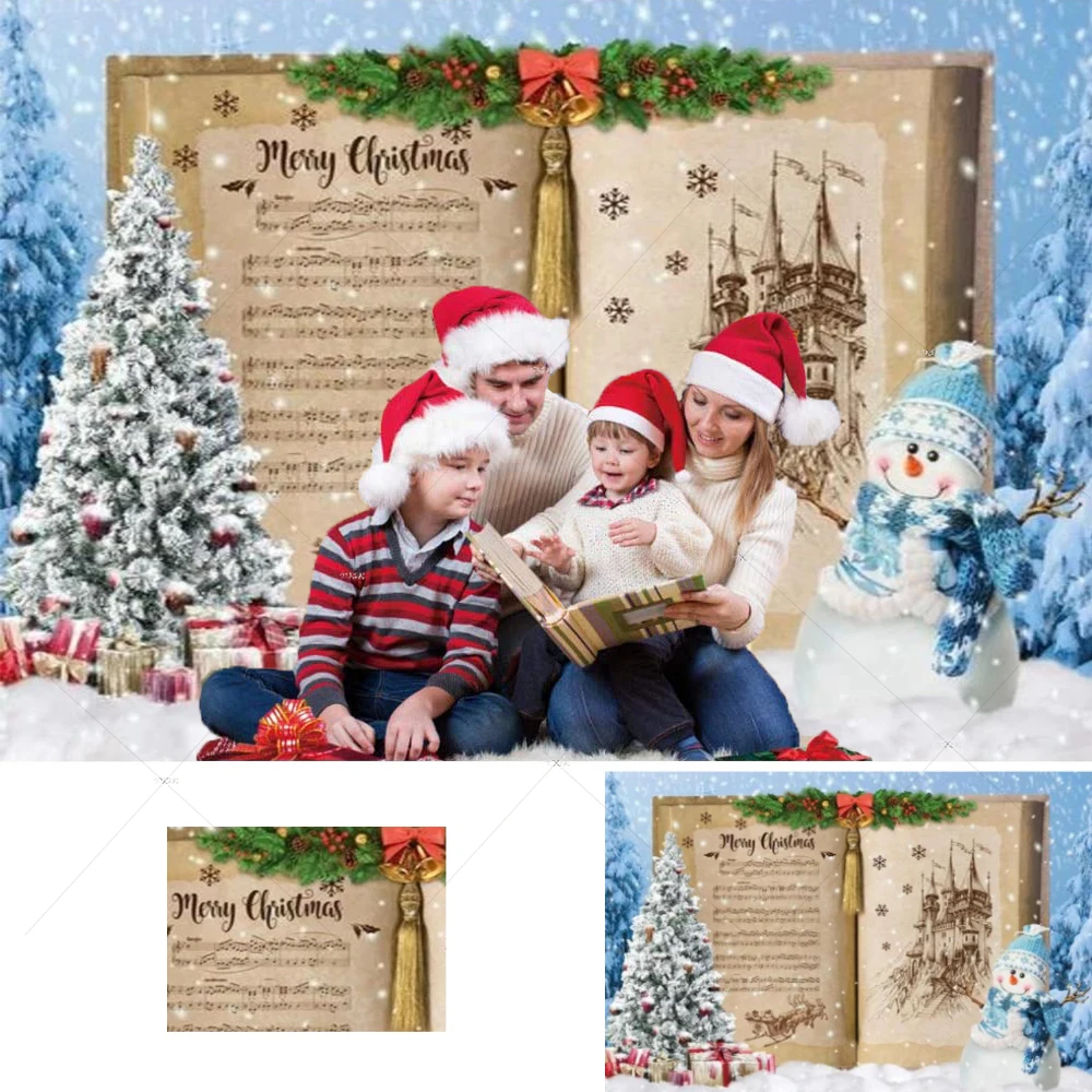 

Merry Christmas Backdrop Castle Snowflake Elk Sled Sheet Vintage Music Note Snowman Tree Gifts Family Party Photo Background