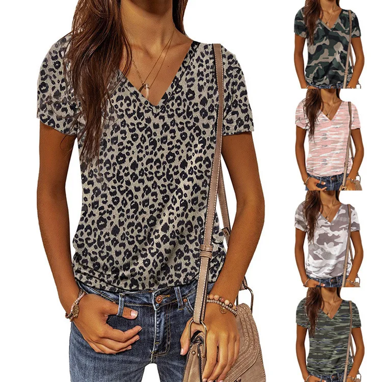 Женская футболка с коротким рукавом, Повседневная облегающая футболка с леопардовым принтом и V-образным вырезом, лето 2021
Женская футболка с коротким рукавом, Повседневная облегающая футболка с леопардовым принтом и V-образным вырезом, лето 2021
