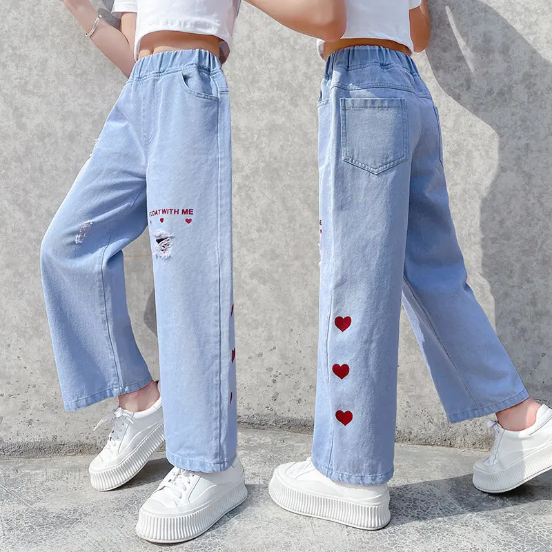 kids Girls Pants Spring Teenage Girls Ripped Jeans Heart Wide Leg Pants 8 10 12 14Y Student Children Casual Trousers
kids Girls Pants Spring Teenage Girls Ripped Jeans Heart Wide Leg Pants 8 10 12 14Y Student Children Casual Trousers
