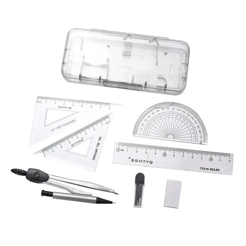 

Compasses Set Geometry Drawing Tool with Protractor Divider Ruler Pencil Lead Eraser Math Set Drafting Kit