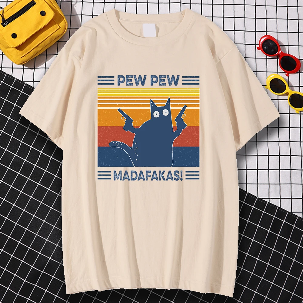 

Pew Pew Madafakas Black Cat Print Clothes Men Vintage Oversize T-Shirt Summer Cotton Loose Tee Clothes Man New Crewneck T-Shirts