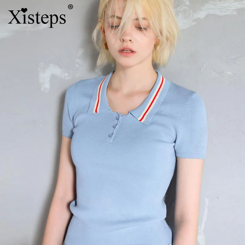 Рубашка поло Xisteps Женская трикотажная с отложным воротником приталенный синий
