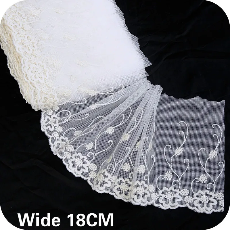 

18CM Wide Tulle White Mesh Lace Fabric Floral Embroidery Lace Ribbon Wedding Dress Headveil Curtains DIY Apparel Home Furnishing
