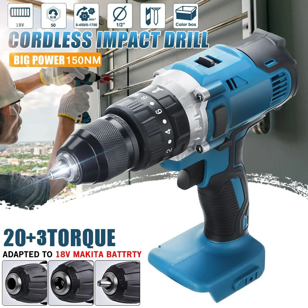 150N.M 88V Brushless Electric Impact Drill 20+3 Torque Cordless Electric Power Screwdriver Drill For Makita 18V Battery
150N.M 88V Brushless Electric Impact Drill 20+3 Torque Cordless Electric Power Screwdriver Drill For Makita 18V Battery