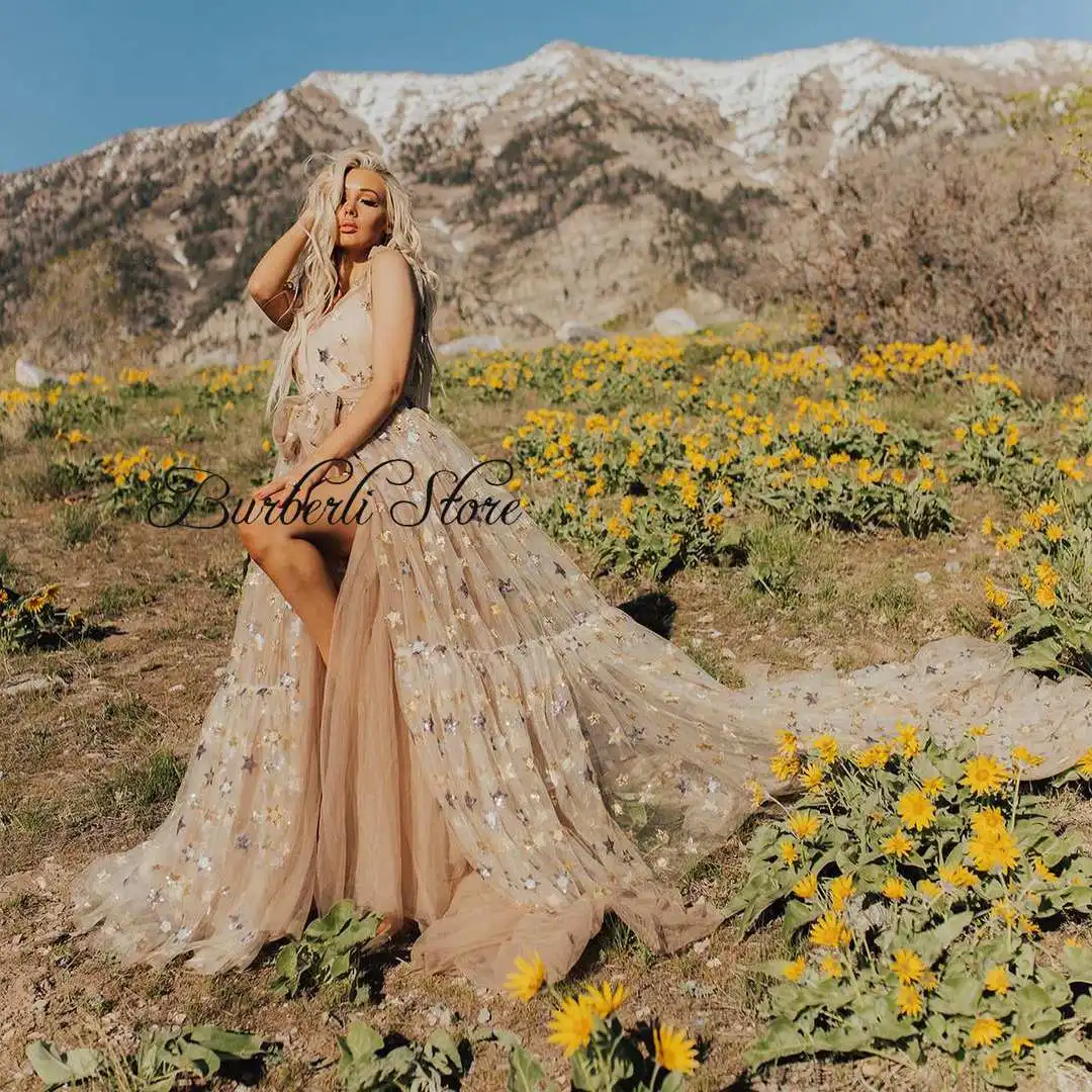 Fashion Sequins Star Embroidery Mesh Prom Gowns To Photography Sexy See Thru Tulle Party Dresses With Long Train Vestidos
Fashion Sequins Star Embroidery Mesh Prom Gowns To Photography Sexy See Thru Tulle Party Dresses With Long Train Vestidos