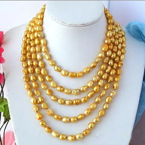 

Unique Pearls jewellery Store Long 100'' Baroque Gold Freshwater Cultured Pearl Necklace Fine Jewelry Charming Women Gift