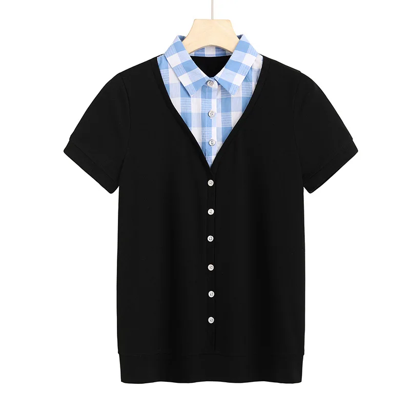 2021 early spring summer short sleeve T-shirt women's fashion Korean fake two Plaid Lapel button bottomed shirt 6915
2021 early spring summer short sleeve T-shirt women's fashion Korean fake two Plaid Lapel button bottomed shirt 6915