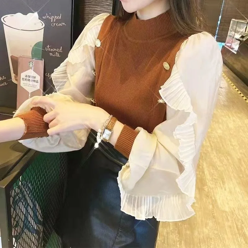 Design Sense Ruffle Long Sleeve Stitching Sweater Women's New Autumn And Winter 2021 Temperament Versatile Thin Pullover Top
Design Sense Ruffle Long Sleeve Stitching Sweater Women's New Autumn And Winter 2021 Temperament Versatile Thin Pullover Top