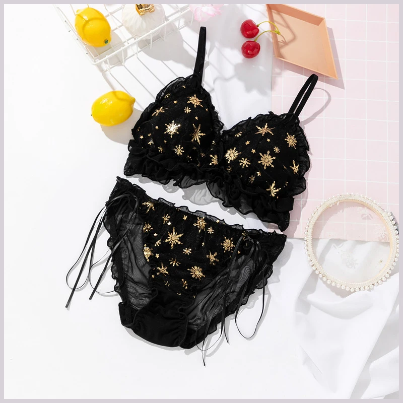 Sweet Lolita Women’s Underwear Set Romantic Starry Sky Woman Sexy Lingerie Thin Triangle Cup Mesh Transparent Bra Panties Set
Sweet Lolita Women’s Underwear Set Romantic Starry Sky Woman Sexy Lingerie Thin Triangle Cup Mesh Transparent Bra Panties Set