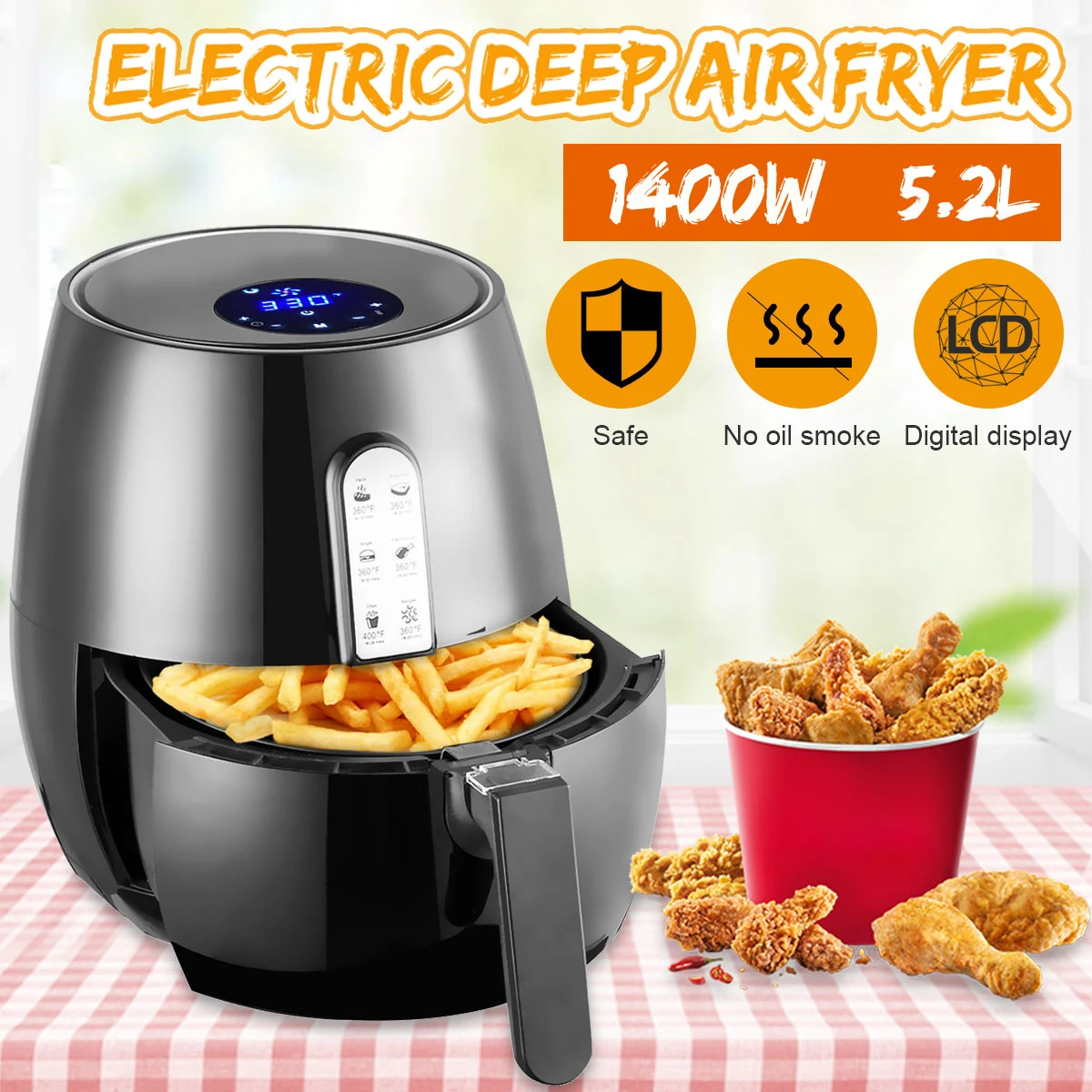 1400W 5.2L Health Fryer Cooker Smart Touch LCD Airfryer Pizza Oil free Air Fryer Multi function Smart Fryer for French CF14
1400W 5.2L Health Fryer Cooker Smart Touch LCD Airfryer Pizza Oil free Air Fryer Multi function Smart Fryer for French CF14