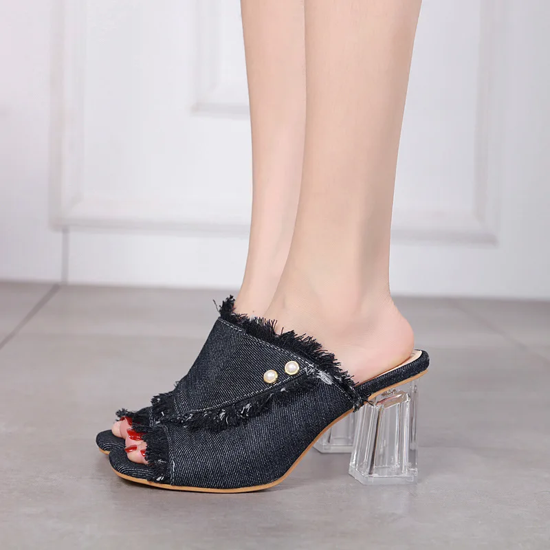 SWYIVY Summer Shoes Women Denim Slippers Crystal Thick With Denim High-heeled Slippers High-heeled Fish Mouth Open Toe Sandals
SWYIVY Summer Shoes Women Denim Slippers Crystal Thick With Denim High-heeled Slippers High-heeled Fish Mouth Open Toe Sandals