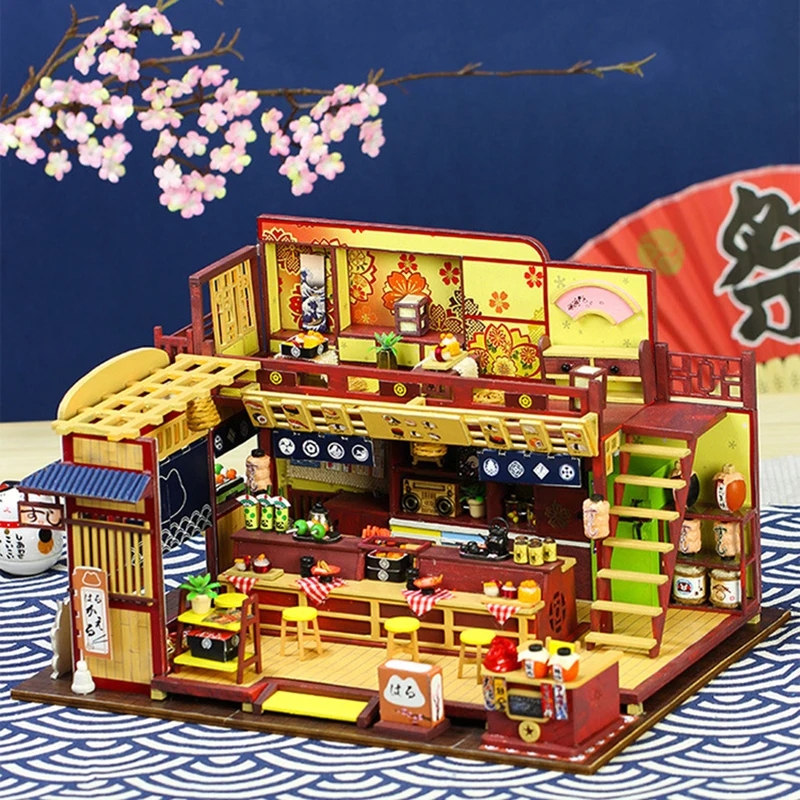 New DIY Wooden Dollhouse Miniature With Furniture Kits Japanese Sushi Shop Model Doll House Assemble Toys for Children Gift Casa
New DIY Wooden Dollhouse Miniature With Furniture Kits Japanese Sushi Shop Model Doll House Assemble Toys for Children Gift Casa