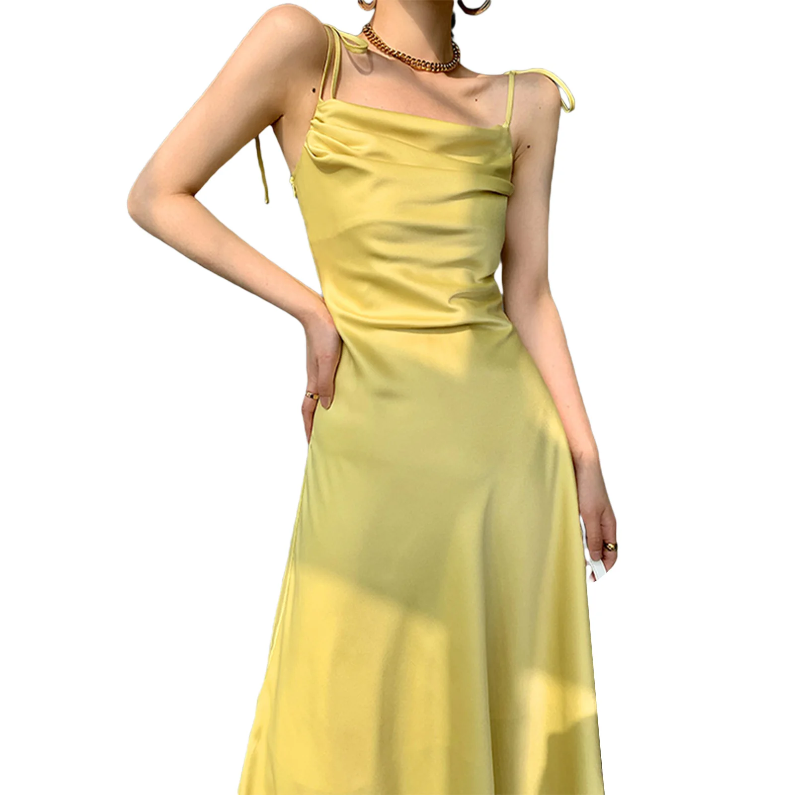 Women Sexy Summer A-line Dress Adults Sleeveless Tie-up Solid Yellow Color Boat Neck Spaghetti Strap Satin Backless Long Dress
Women Sexy Summer A-line Dress Adults Sleeveless Tie-up Solid Yellow Color Boat Neck Spaghetti Strap Satin Backless Long Dress