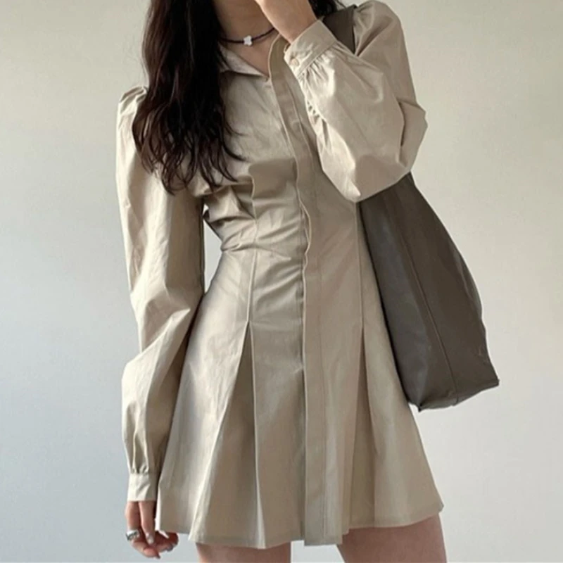 Однотонные мини-платья, женская рубашка, одежда с длинным рукавом, Роскошное винтажное женское платье с завышенной талией, весна-осень, элегантное праздничное платье-трапеция 2022 
Однотонные мини-платья, женская рубашка, одежда с длинным рукавом, Роскошное винтажное женское платье с завышенной талией, весна-осень, элегантное праздничное платье-трапеция 2022