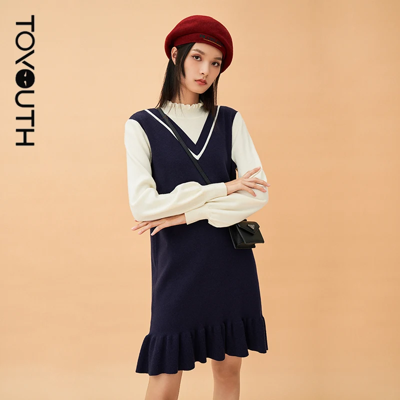 Toyouth Women Sweater Dress 2021 Winter Long Sleeve Fake Two Piece H Line Solid Dark Blue Ruffled Hem Elegant Casual Dresses
Toyouth Women Sweater Dress 2021 Winter Long Sleeve Fake Two Piece H Line Solid Dark Blue Ruffled Hem Elegant Casual Dresses