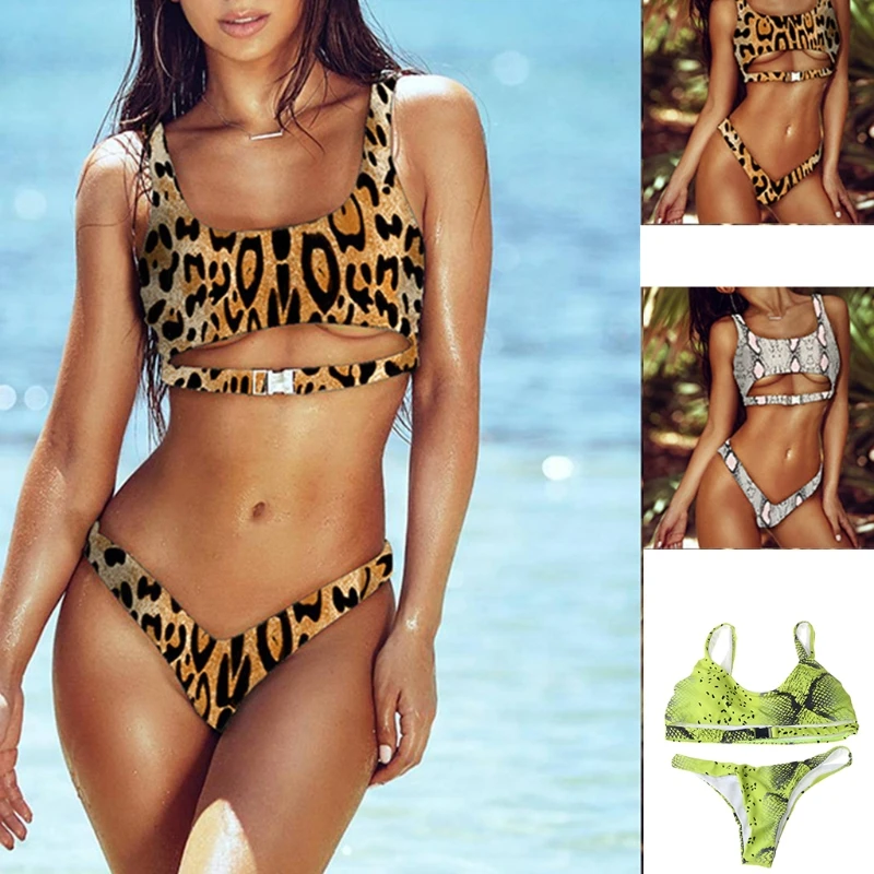 Женский сексуальный комплект бикини из 2 предметов с принтом змеиной кожи, пуш-ап, вырез, пряжка спереди, укороченный топ, купальник с треуго... 
Женский сексуальный комплект бикини из 2 предметов с принтом змеиной кожи, пуш-ап, вырез, пряжка спереди, укороченный топ, купальник с треуго...