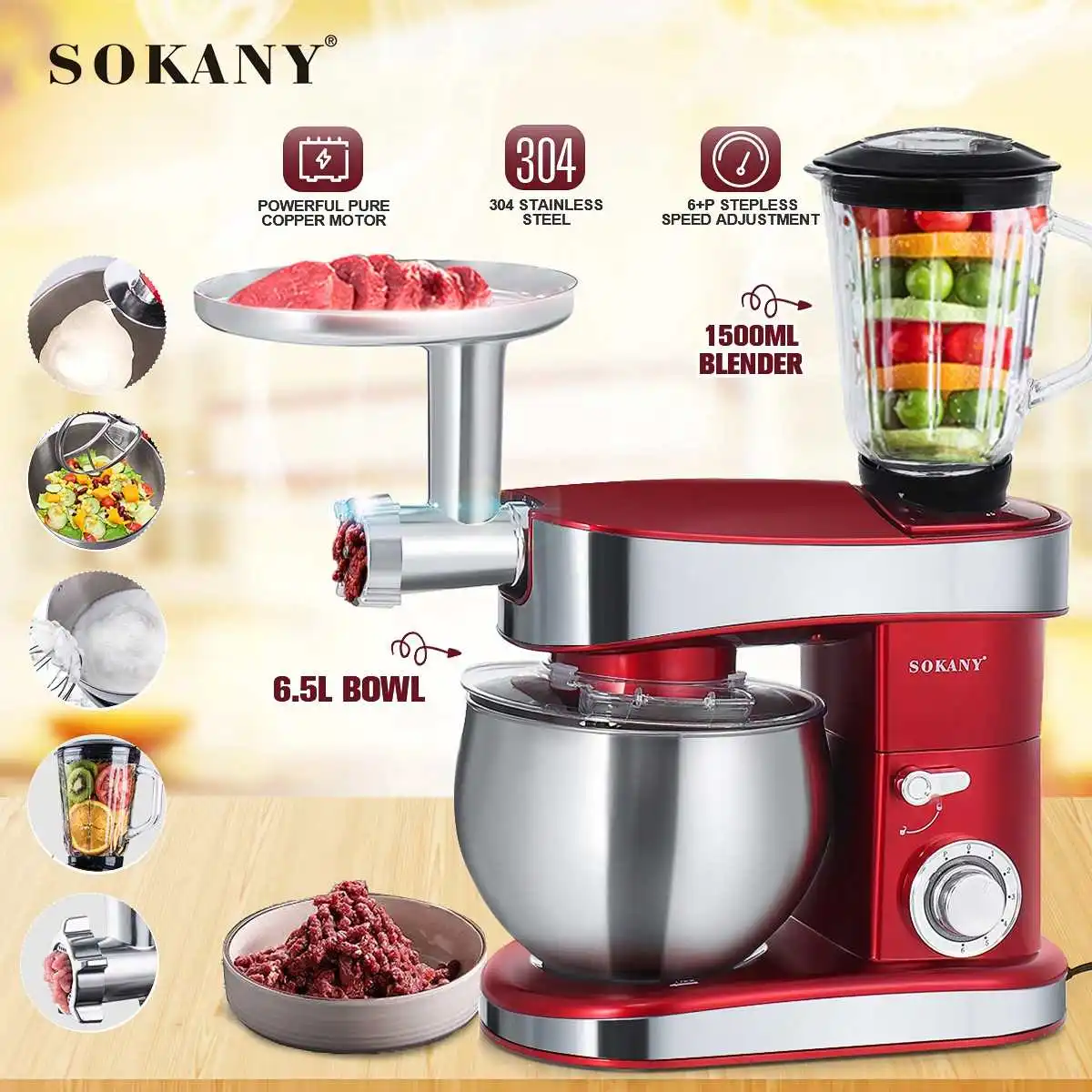 SOKANY 1200W Stand Mixer Stainless Steel 6.5L Bowl 6-speed Kitchen Food Blender Cream Egg Whisk Cake Dough Kneader Bread Mixer 
SOKANY 1200W Stand Mixer Stainless Steel 6.5L Bowl 6-speed Kitchen Food Blender Cream Egg Whisk Cake Dough Kneader Bread Mixer
