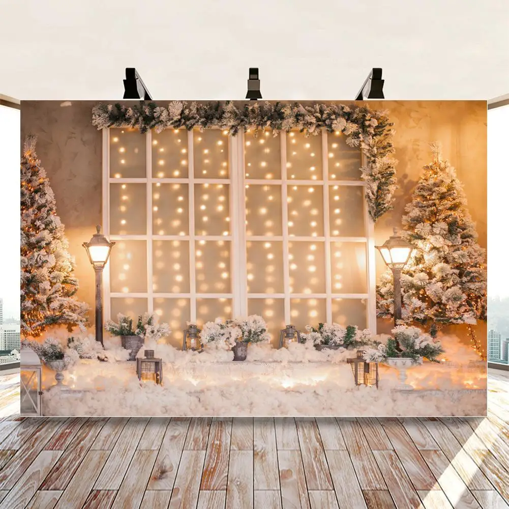 

Christmas Backdrop Warm Street Light Decorative Window White Snowfield Christmas tree Photography Background For Photo Studio