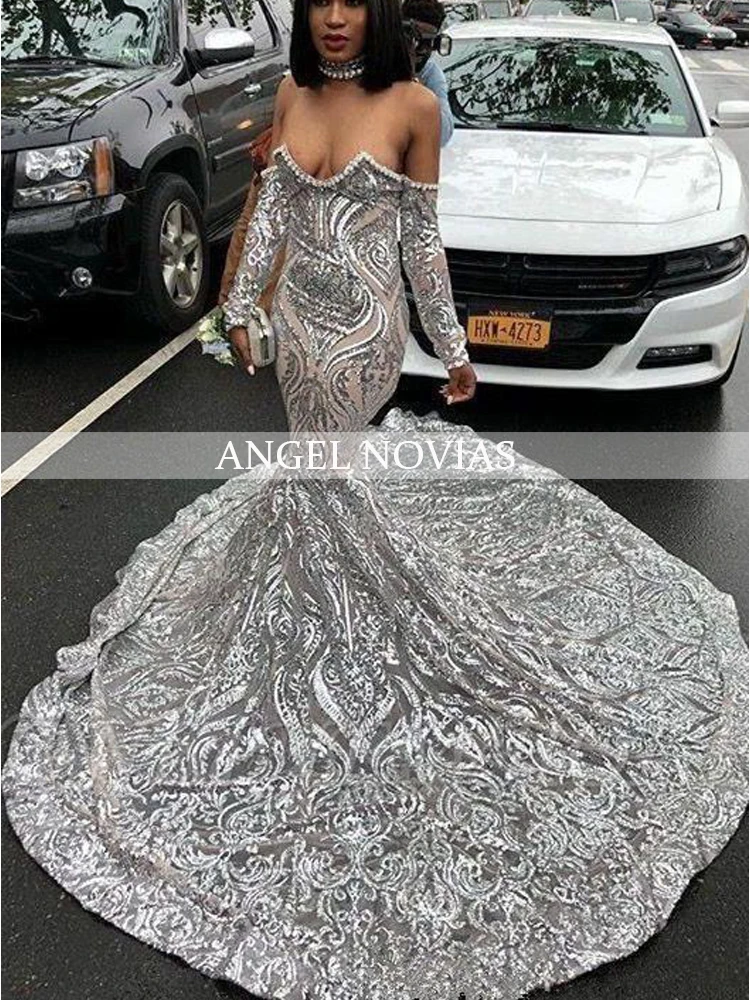Long Sleeves Silver Lace Mermaid Prom Dresses 2020 with Long Train Formal Party Evening Dresses 2019
Long Sleeves Silver Lace Mermaid Prom Dresses 2020 with Long Train Formal Party Evening Dresses 2019