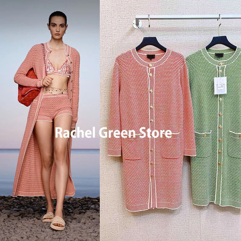 

Luxury designer 2021 Autumn new Elegant women Runway knitted striped logoed buttons long pink green sweater cardigan cardigans