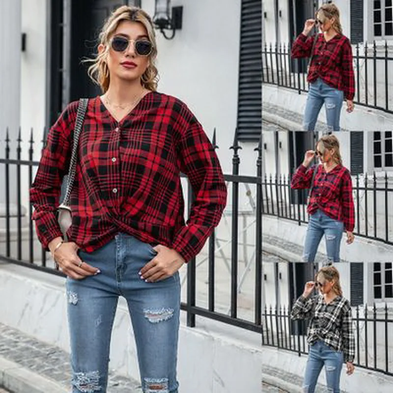 New spring and autumn new women's leisure office printed plaid long-sleeved shirt V-neck single-row button cardigan
New spring and autumn new women's leisure office printed plaid long-sleeved shirt V-neck single-row button cardigan