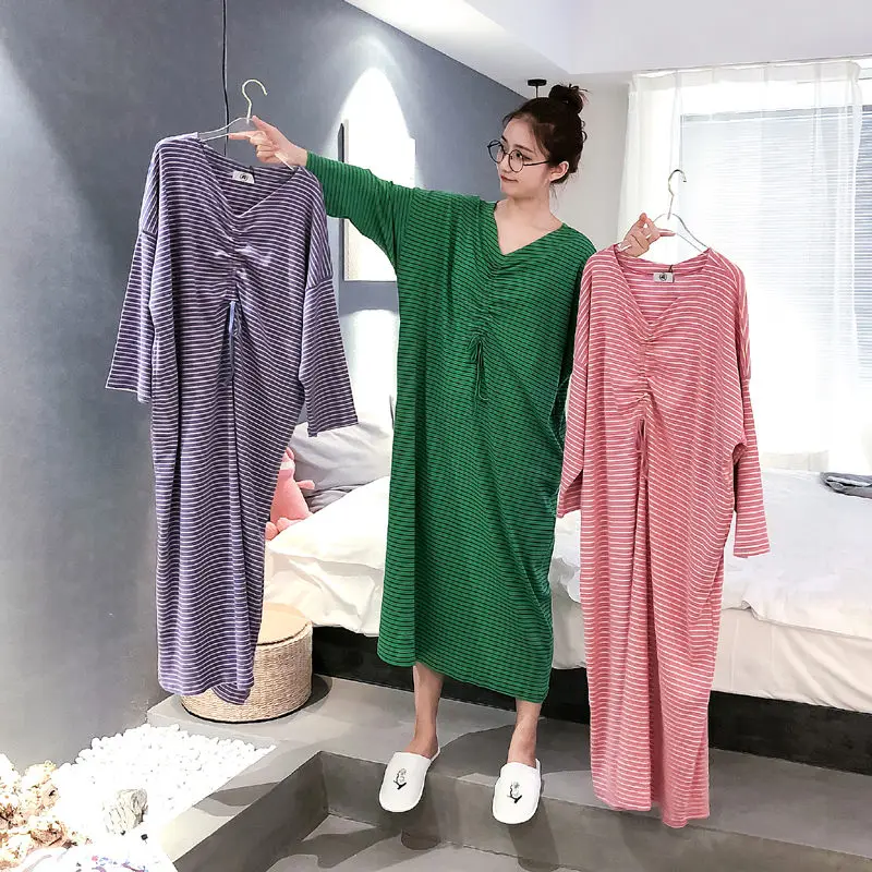 V-neck Drawstring Long Nightdress Female Long-sleeved Spring and Autumn Cotton Plus Size Homewear Korean Stripe Nightgown R2
V-neck Drawstring Long Nightdress Female Long-sleeved Spring and Autumn Cotton Plus Size Homewear Korean Stripe Nightgown R2