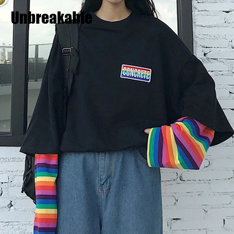 Unbreakable Korean Harajuku Patchwork T Shirts Fake Two Pieces Rainbow Striped Long Sleeve Casual T-shirt O-neck Women Top Tees 
Unbreakable Korean Harajuku Patchwork T Shirts Fake Two Pieces Rainbow Striped Long Sleeve Casual T-shirt O-neck Women Top Tees