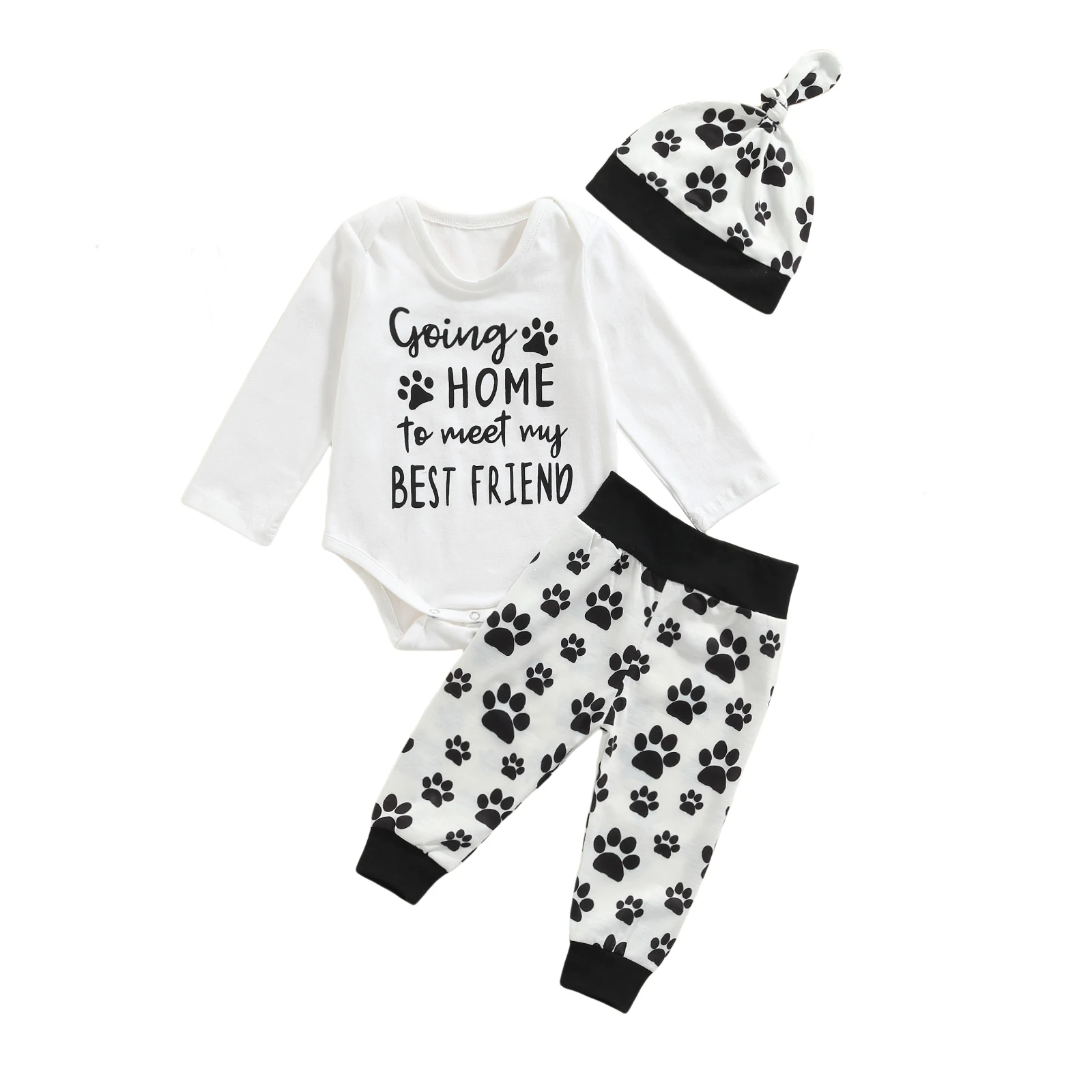 3Pcs/Set Baby Boy Girl Clothes, Going Home to Meet My Best Friend Bodysuit Top+Paw Print Pants+Hat Outfits 
3Pcs/Set Baby Boy Girl Clothes, Going Home to Meet My Best Friend Bodysuit Top+Paw Print Pants+Hat Outfits