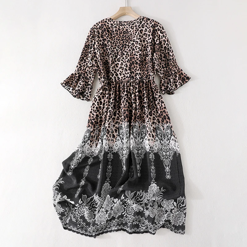 Summer Dress Women Fashion Pure Silk V-Neck Seven Points Sleeve Mid Long Style Corset Skirt Leopard Print On Upper Body
Summer Dress Women Fashion Pure Silk V-Neck Seven Points Sleeve Mid Long Style Corset Skirt Leopard Print On Upper Body