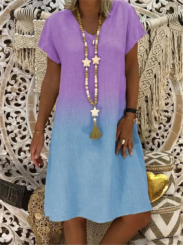 Women Summer Dress Loose Gradient Print Colorblock Short Sleeves V-neck Woman Dress Boho Dress Vestidos Party Dresses plus size
Women Summer Dress Loose Gradient Print Colorblock Short Sleeves V-neck Woman Dress Boho Dress Vestidos Party Dresses plus size