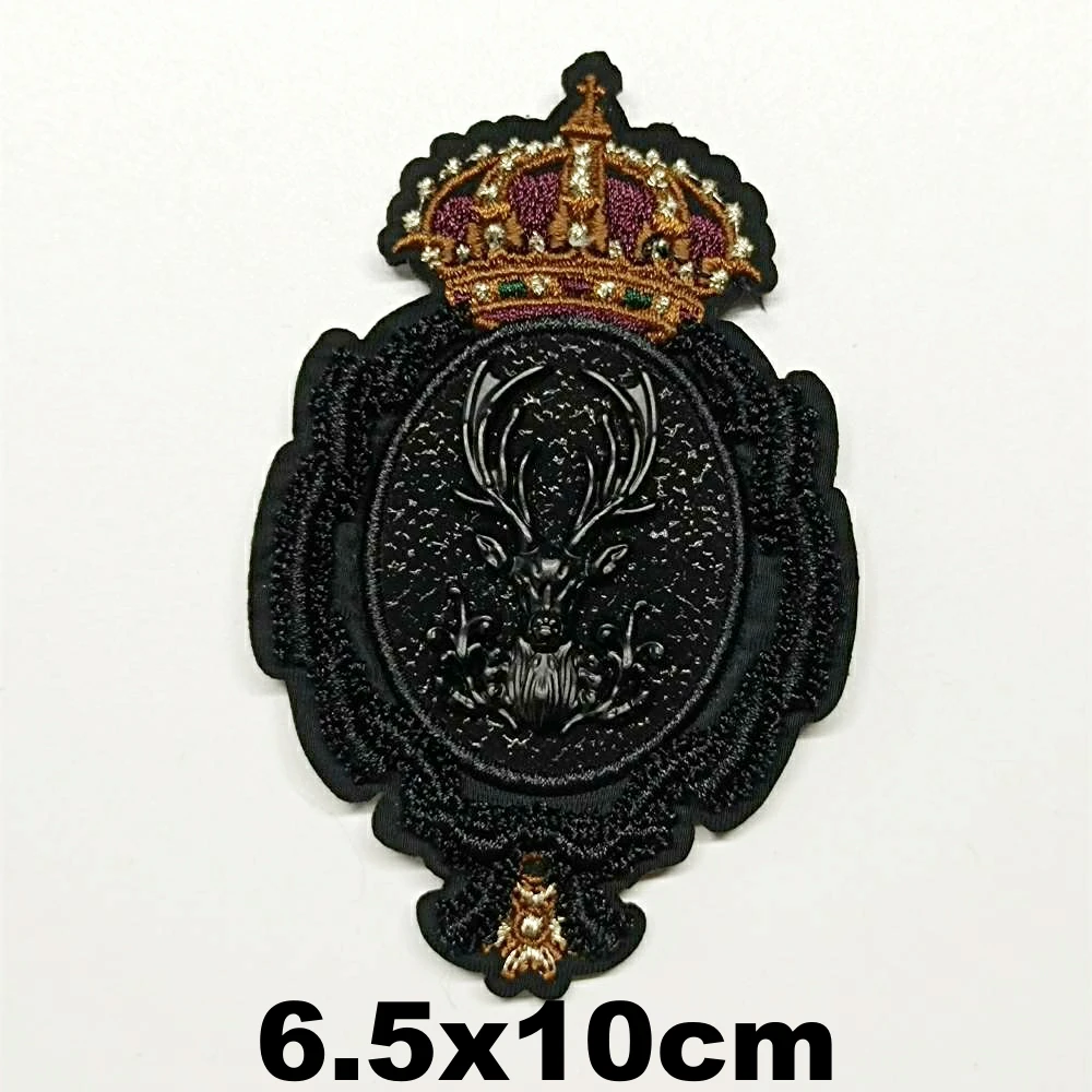 Apparel embroidery metal black crown deer leaf embroideried patch for clothing AM-3212
Apparel embroidery metal black crown deer leaf embroideried patch for clothing AM-3212