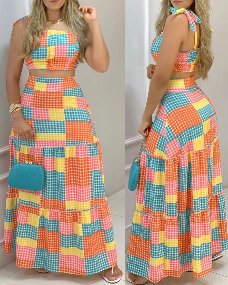 Summer Women 2Pcs Crop Top & Maxi Skirt Set 2021 New Sexy Femme Plaid Colorblock Tied Detail Top & Colorful Print Bottom Suits
Summer Women 2Pcs Crop Top & Maxi Skirt Set 2021 New Sexy Femme Plaid Colorblock Tied Detail Top & Colorful Print Bottom Suits