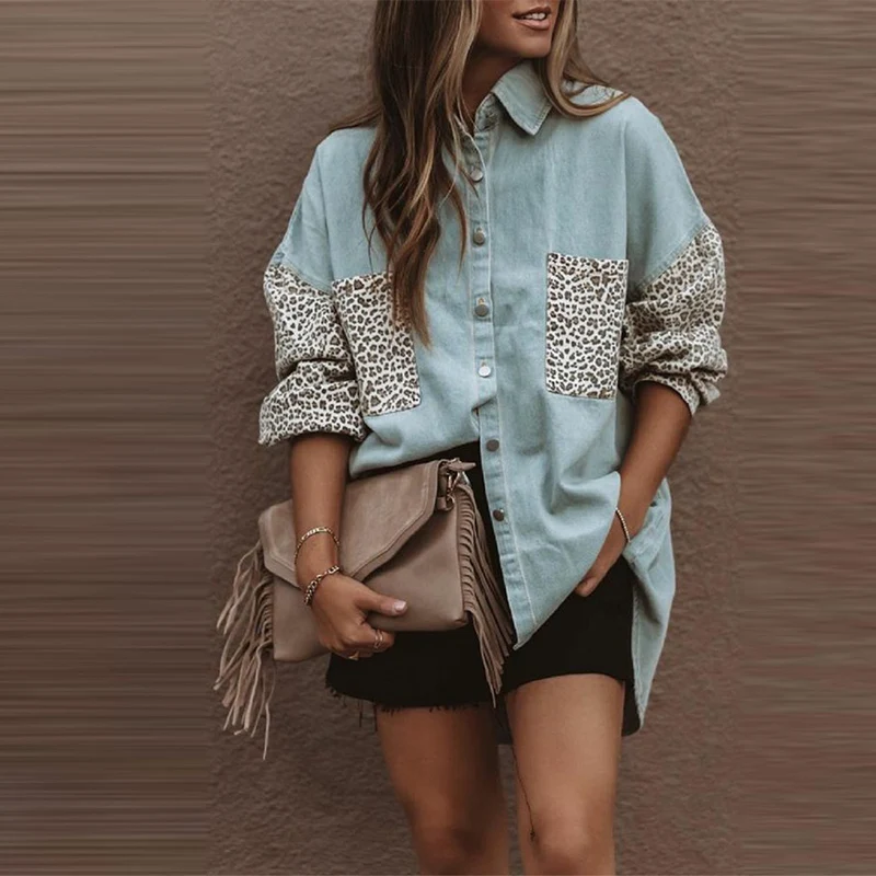 Куртка женская джинсовая однобортная с карманами, модная Свободная Повседневная рубашка с леопардовым принтом, с длинным рукавом, с простр... 
Куртка женская джинсовая однобортная с карманами, модная Свободная Повседневная рубашка с леопардовым принтом, с длинным рукавом, с простр...