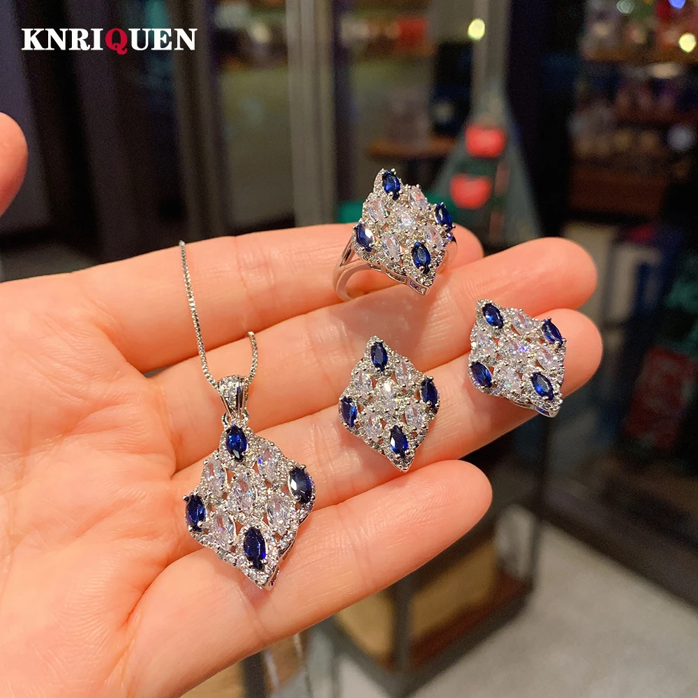 Luxury Vintage Sapphire Stone High Carbon Diamond Pendant Necklace Earrings Rings Wedding Jewelry Set Gift for Women Accessories
Luxury Vintage Sapphire Stone High Carbon Diamond Pendant Necklace Earrings Rings Wedding Jewelry Set Gift for Women Accessories