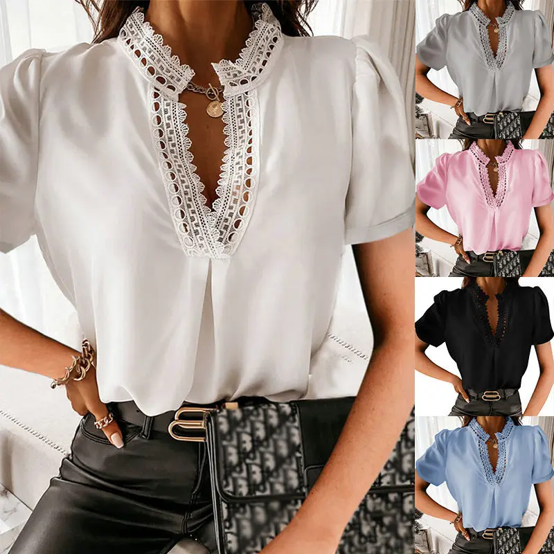 EasyGarment Summer Women V Neck Lace Stitching Short-Sleeved Top Blouses And Shirts
EasyGarment Summer Women V Neck Lace Stitching Short-Sleeved Top Blouses And Shirts